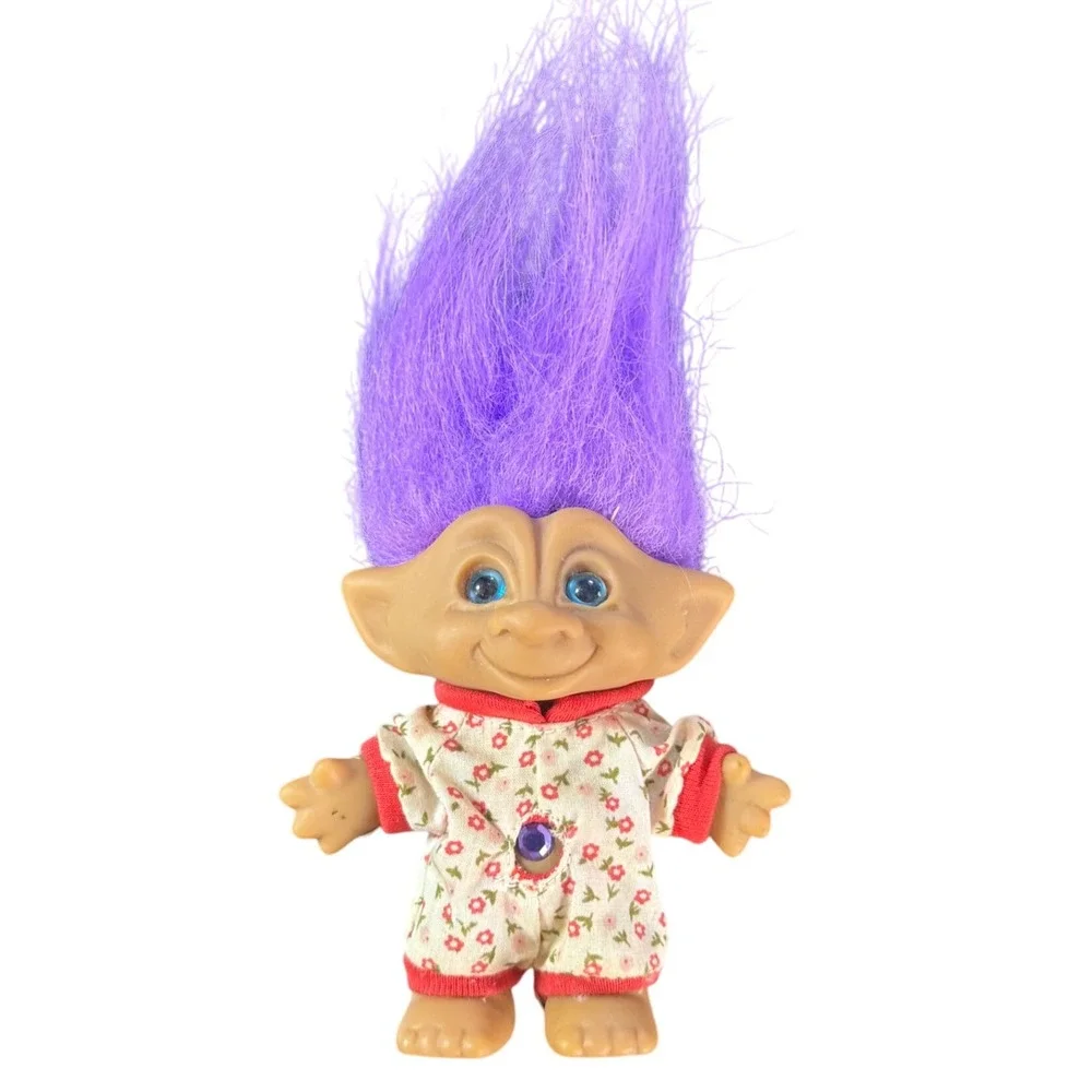 Ace Novelty Treasure Troll Doll Purple Hair Blue Eyes Floral‎ Pajamas Gem Accent